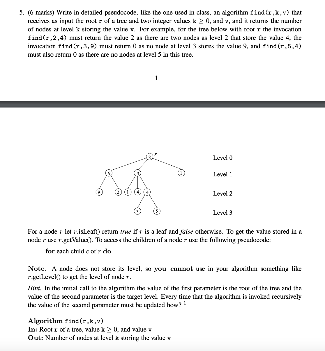 Solved 5. (6 marks) Write in detailed pseudocode, like the | Chegg.com