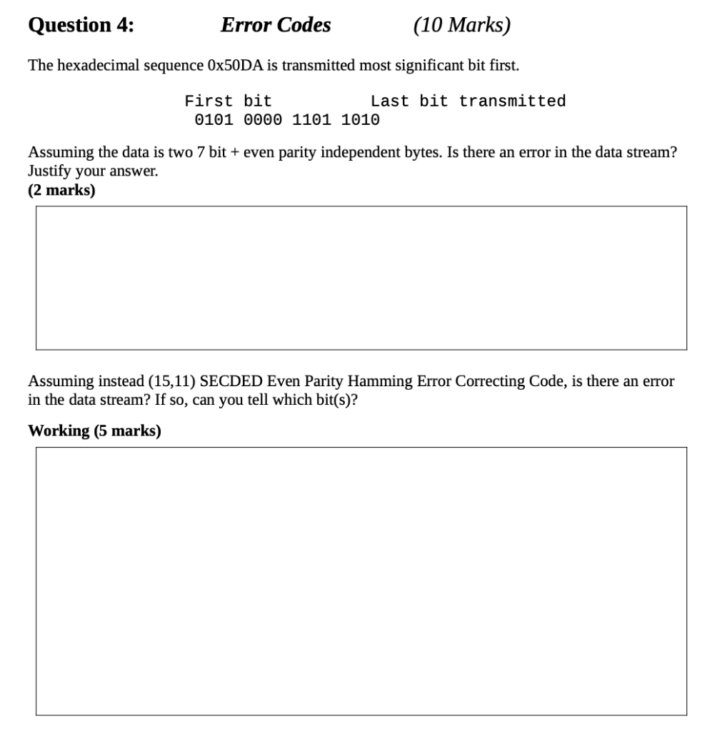 Solved Question 4: Error Codes (10 Marks) The hexadecimal | Chegg.com