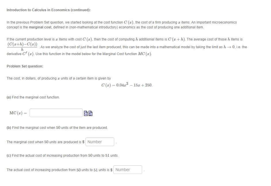 Solved Introduction To Calculus In Economics (continued): In | Chegg.com