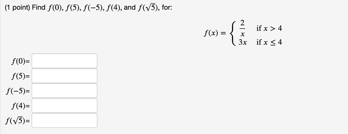 Solved (1 point) Find ƒ(0), ƒ(5), ƒ(−5), ƒ(4), and ƒ(√5), | Chegg.com