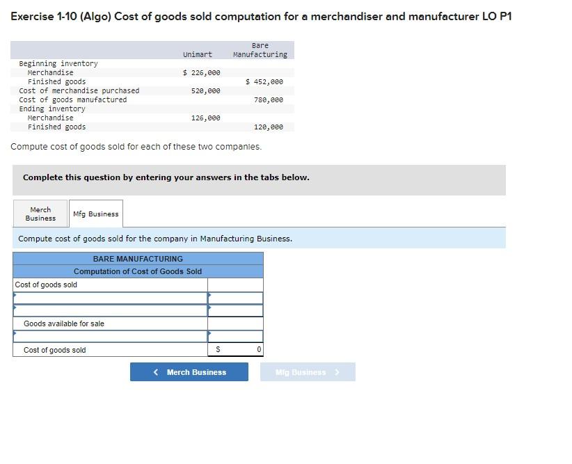 Exercise 1-10 (Algo) Cost of goods sold computation | Chegg.com