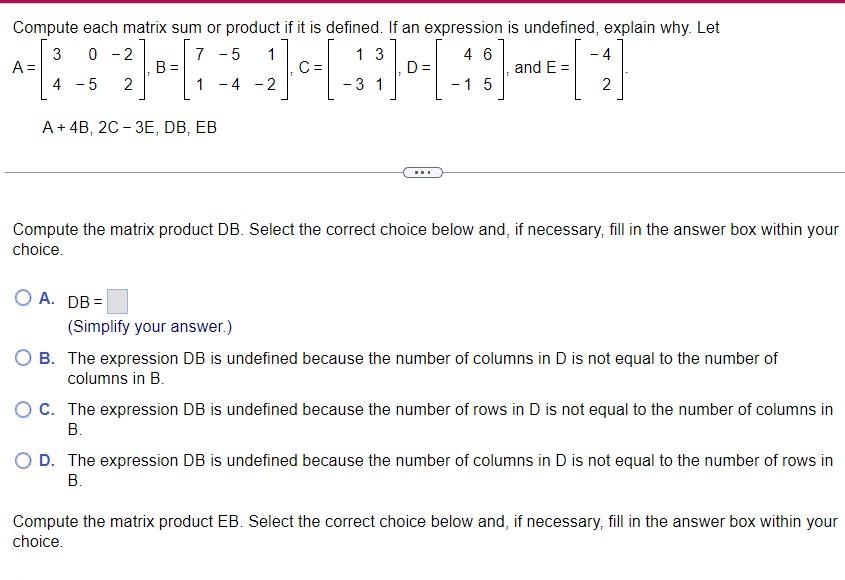 Solved Compute each matrix sum or product if it is defined. | Chegg.com