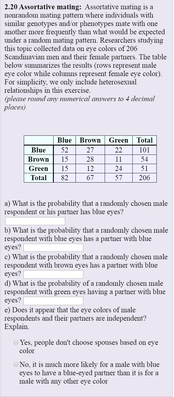 Solved 2.20 Assortative Mating: Assortative Mating Is A | Chegg.com