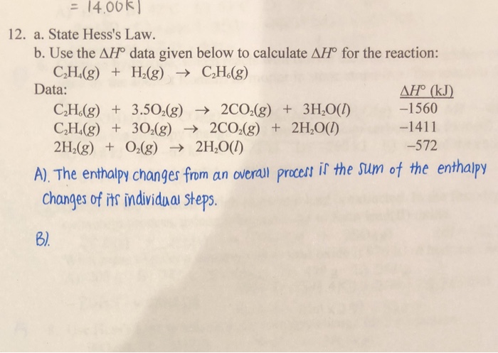 Solved 14.00 12. a. State Hess s Law. b. Use the AHo data