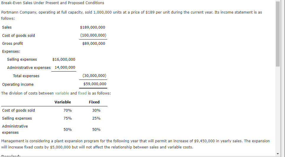 Solved Break Even Sales Under Present And Proposed Chegg