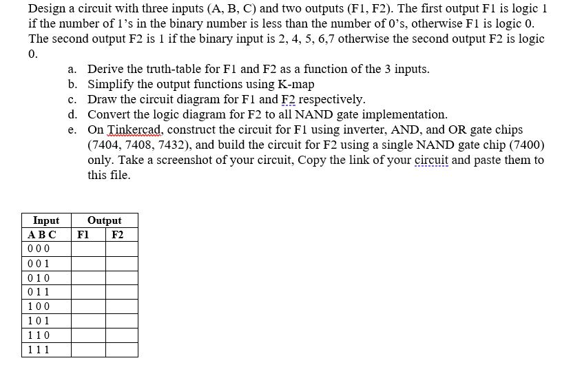 Solved Design a circuit with three inputs (A, B, C) and two | Chegg.com