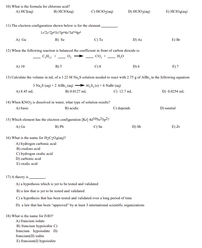 Solved 10) What is the formula for chlorous acid? A) HCl(aq) | Chegg.com