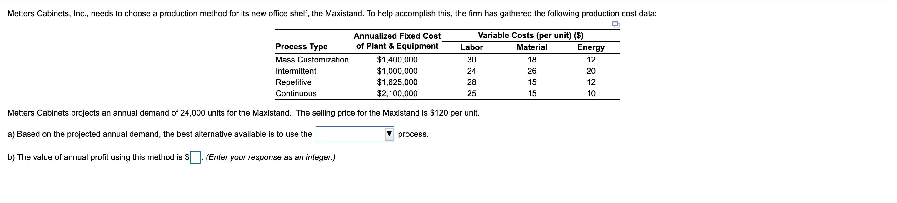 Solved Metters Cabinets, Inc., needs to choose a production | Chegg.com