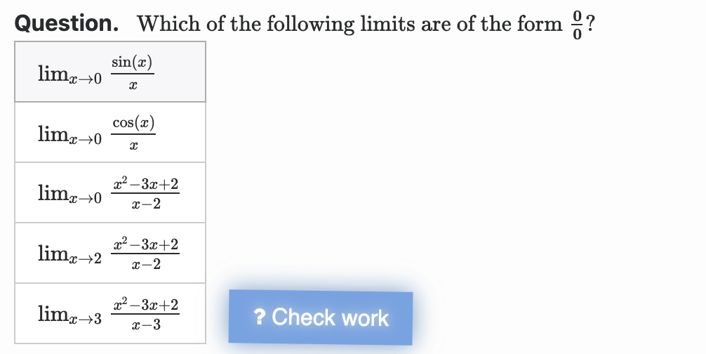 Solved Question. Which of the following limits are of the | Chegg.com