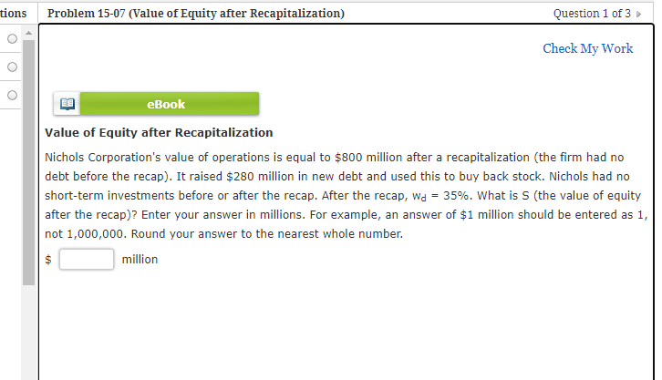 Solved tions Problem 15-07 (Value of Equity after | Chegg.com