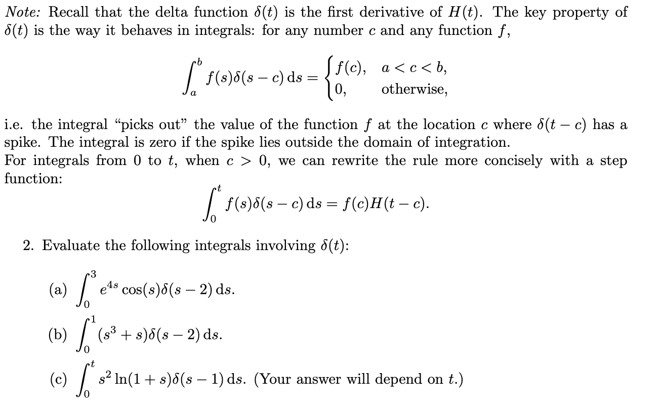 Solved Note: Recall that the delta function δ(t) is the | Chegg.com