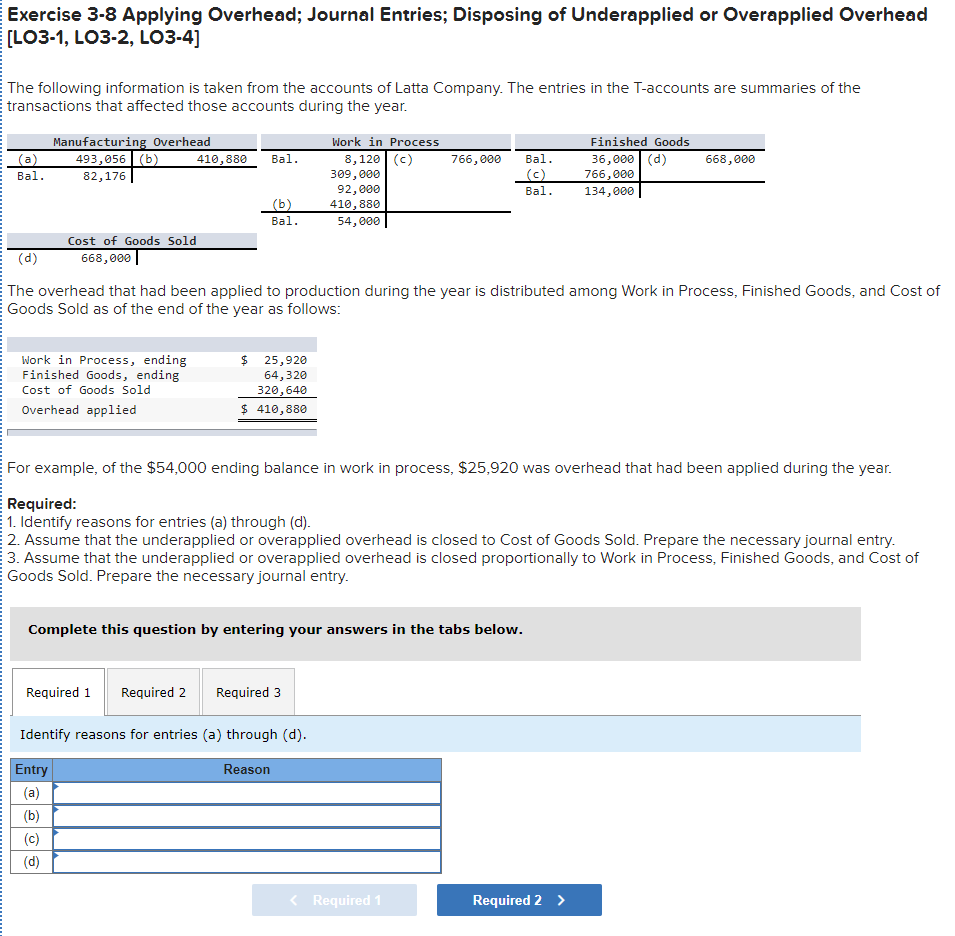 Solved Exercise 3-8 Applying Overhead; Journal Entries; | Chegg.com