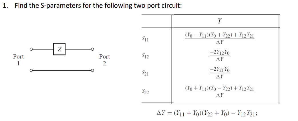 1. Find the S-parameters for the following two port circuit: Y Su (Yo - Y10(Yo + Υ22) + Y12Y21 ΔΥ Ο. Z S12 Port 1 Port 2 -2Υ1