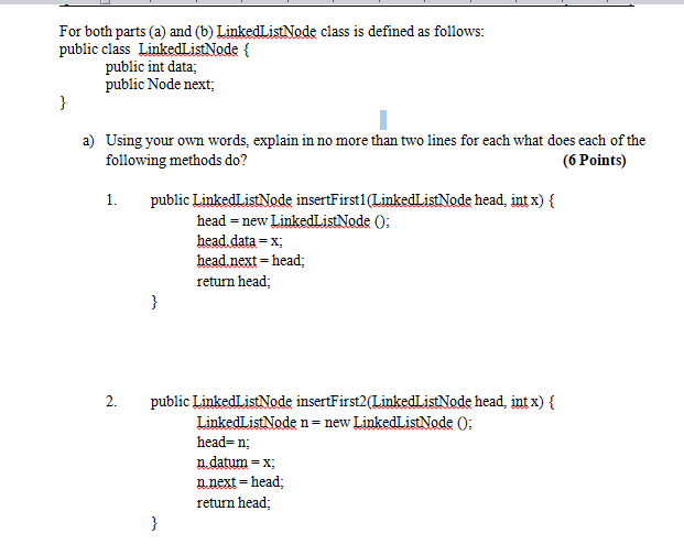 Solved For both parts (a) and (6) LinkedListNode class is | Chegg.com