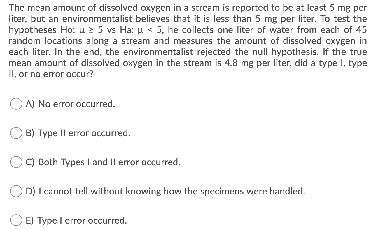Solved The mean amount of dissolved oxygen in a stream is