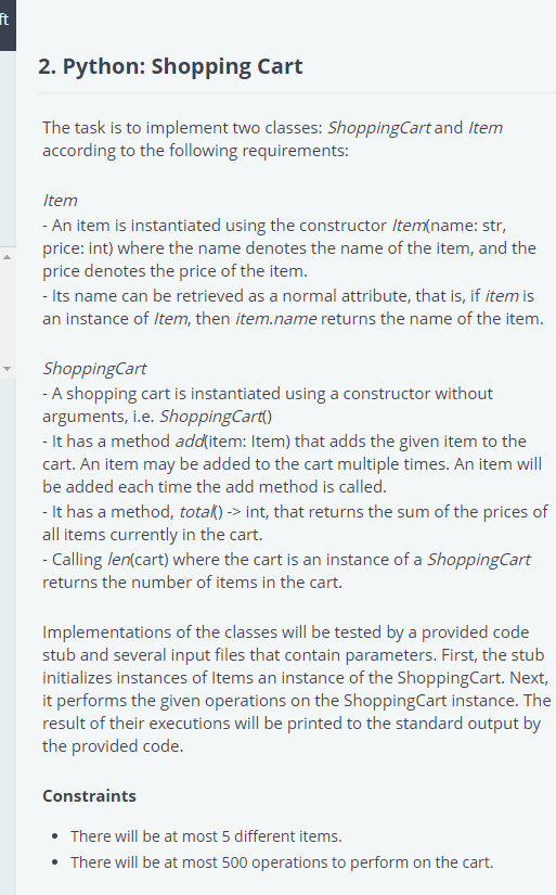 Solved ft 2. Python Shopping Cart The task is to implement