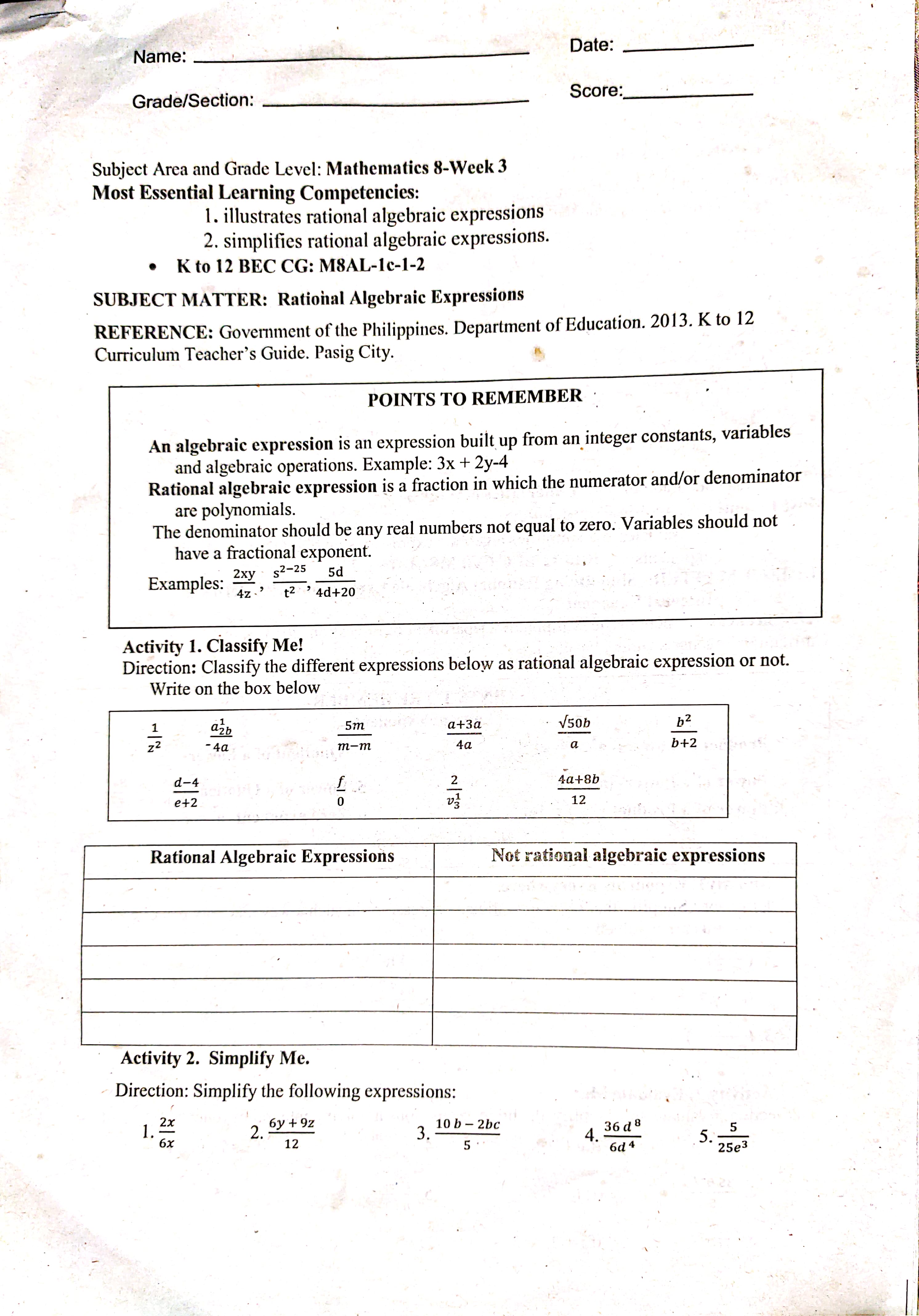 Solved Date: Name: Score: Grade/Section: Subject Area and | Chegg.com