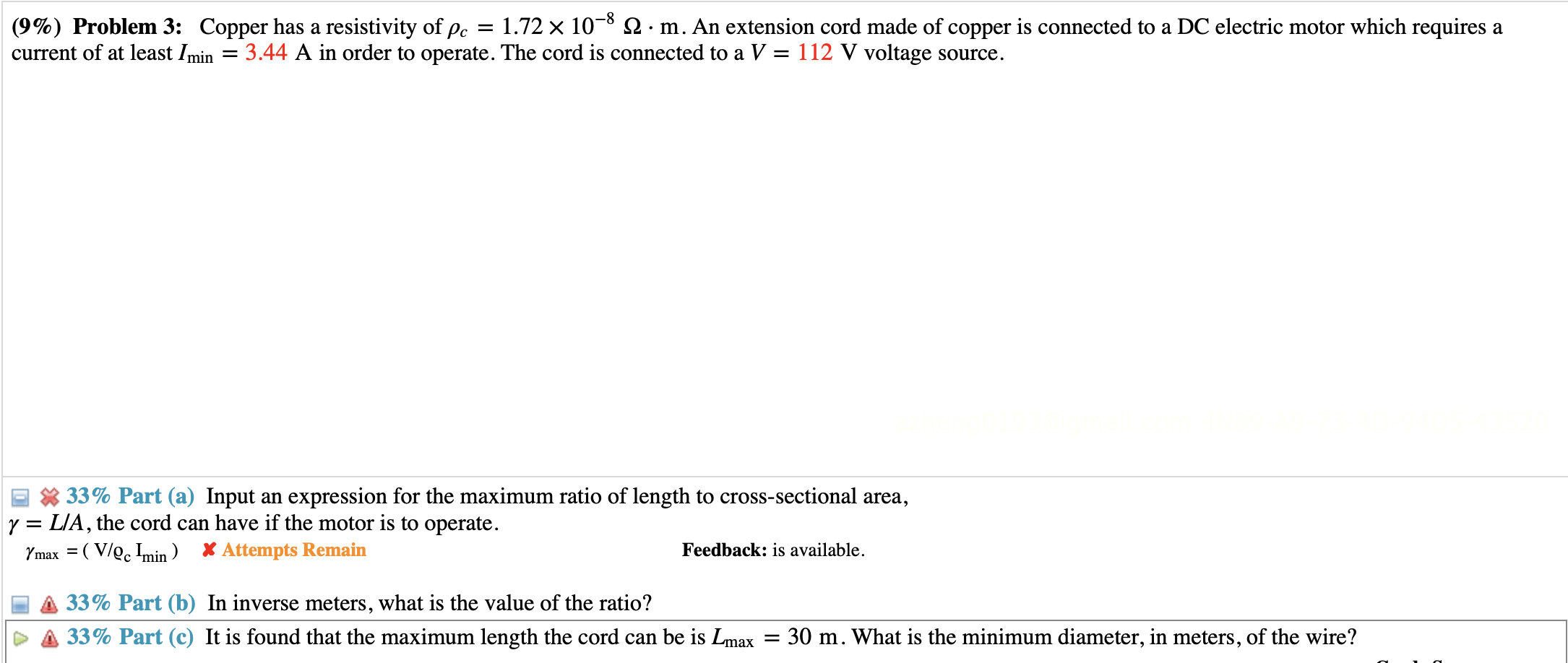 Solved (9%) ﻿Problem 3: Copper has a resistivity of | Chegg.com