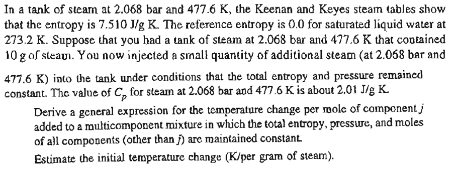 In a tank of steam at 2.068 bar and 477.6 K, the | Chegg.com