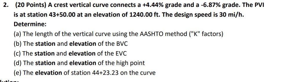 Solved 2. ( 20 Points) A crest vertical curve connects a | Chegg.com