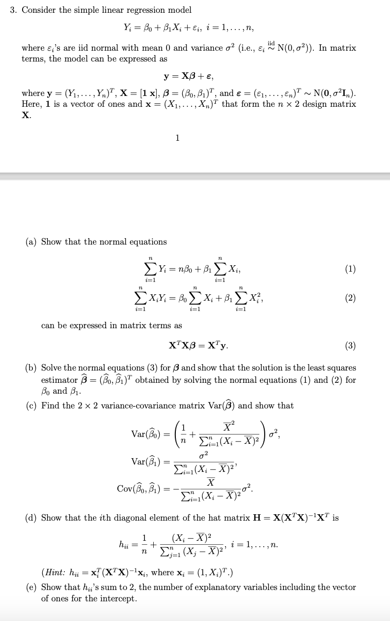 Solved 3. Consider The Simple Linear Regression Model Y; = | Chegg.com