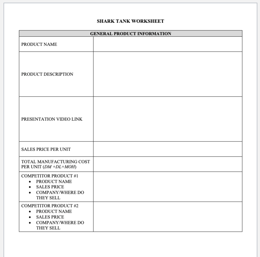 Solved shark tank worksheetSHARK TANK WORKSHEET | Chegg.com