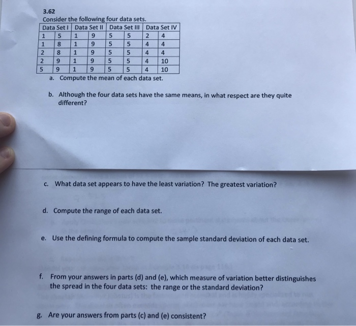 Solved 3.62 Consider the following four data sets Data Set 1 | Chegg.com