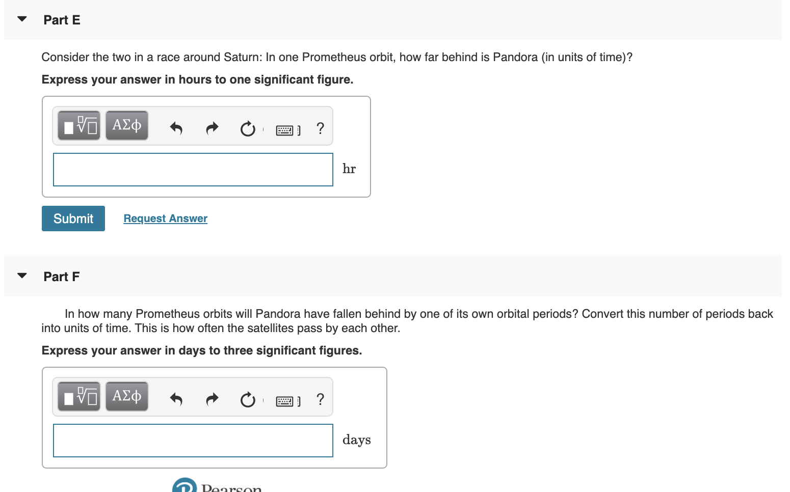 Saturn's moons Prometheus and Pandora orbit at 139350 | Chegg.com