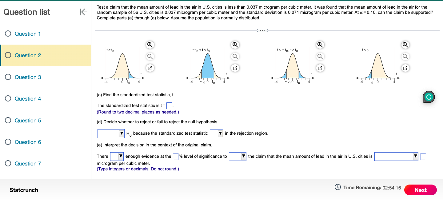 Solved Test a claim that the mean amount of lead in the air