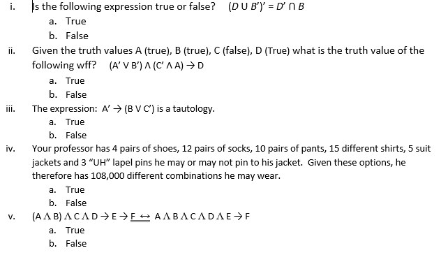 Solved I. S The Following Expression True Or False? (DUB) = | Chegg.com