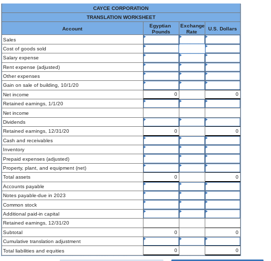 Solved CAYCE CORPORATION TRANSLATION WORKSHEETAdditional | Chegg.com