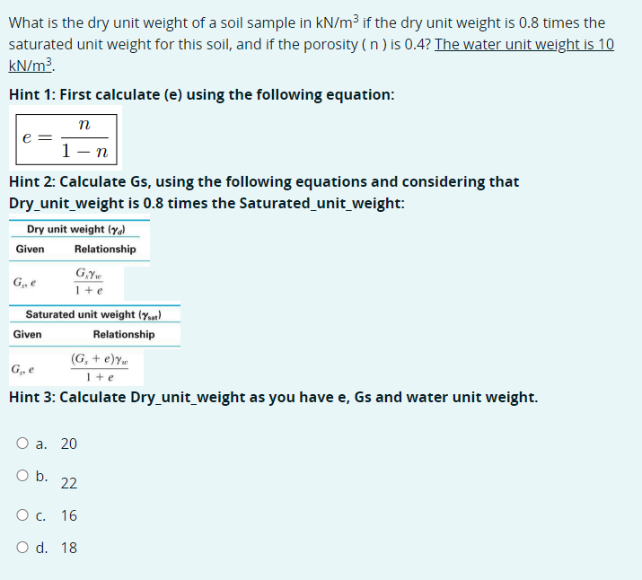 Solved What is the dry unit weight of a soil sample in kN/m3