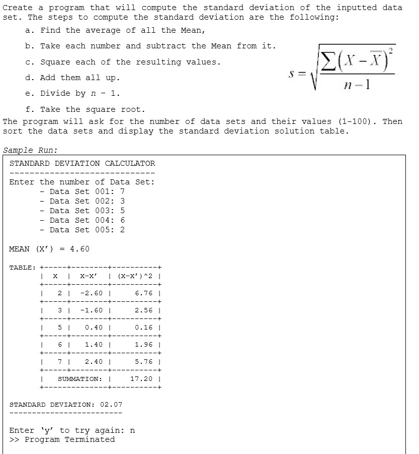 Solved (X-Y) Create a program that will compute the standard | Chegg.com