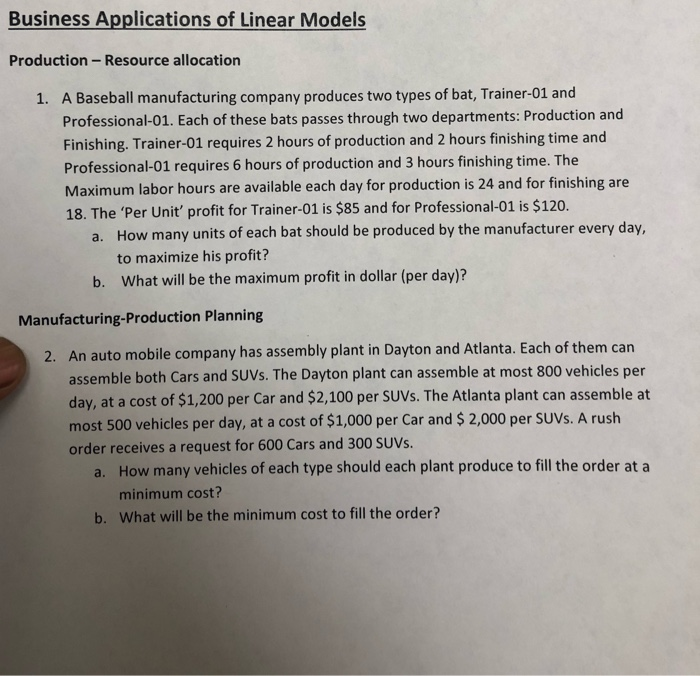 Solved Business Applications of Linear Models | Chegg.com