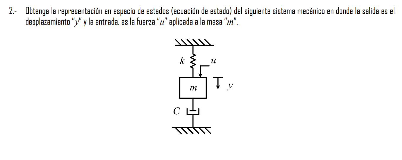 2.- Dbtenga la representación en espacia de estados (ecuación de estada) del siguiente sistema mecánico en donde la salida es