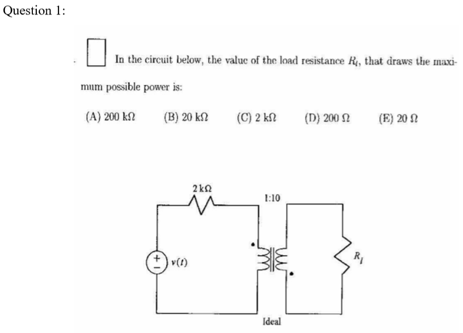 Solved Question 1: In the circuit below, the value of the | Chegg.com