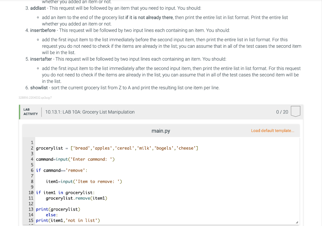 Solved 10.13 LAB 10A: Grocery List Manipulation Overview In | Chegg.com