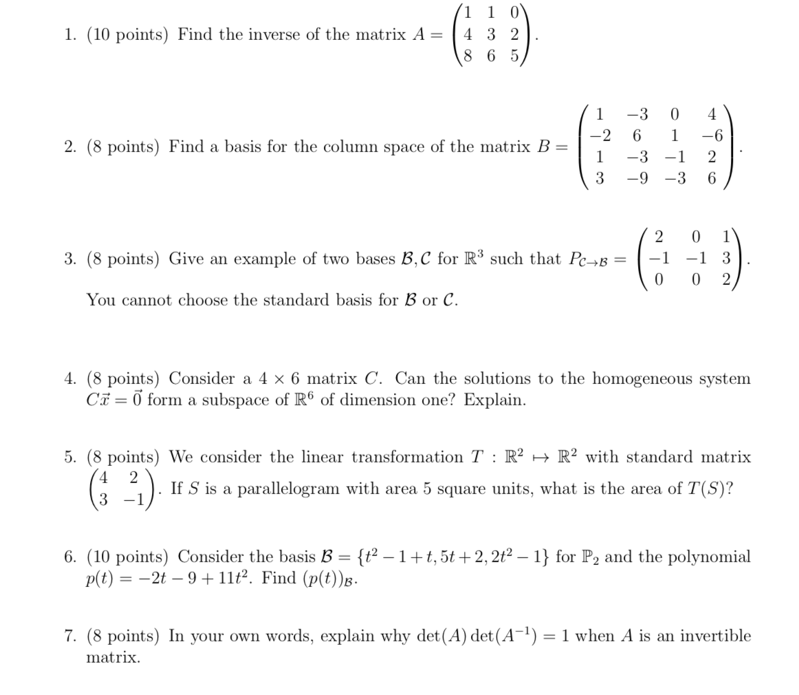 Solved 11 1 0 1. (10 points) Find the inverse of the matrix | Chegg.com