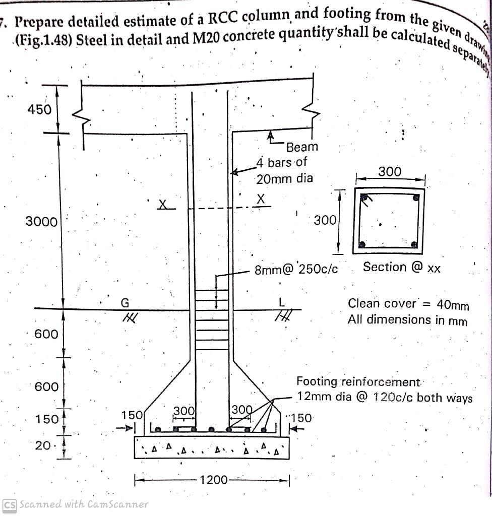 Prepare detailed estimate of a RCC column and footing from the given (Fig.1.48) Steel in detail and M20 concrete quantitysha