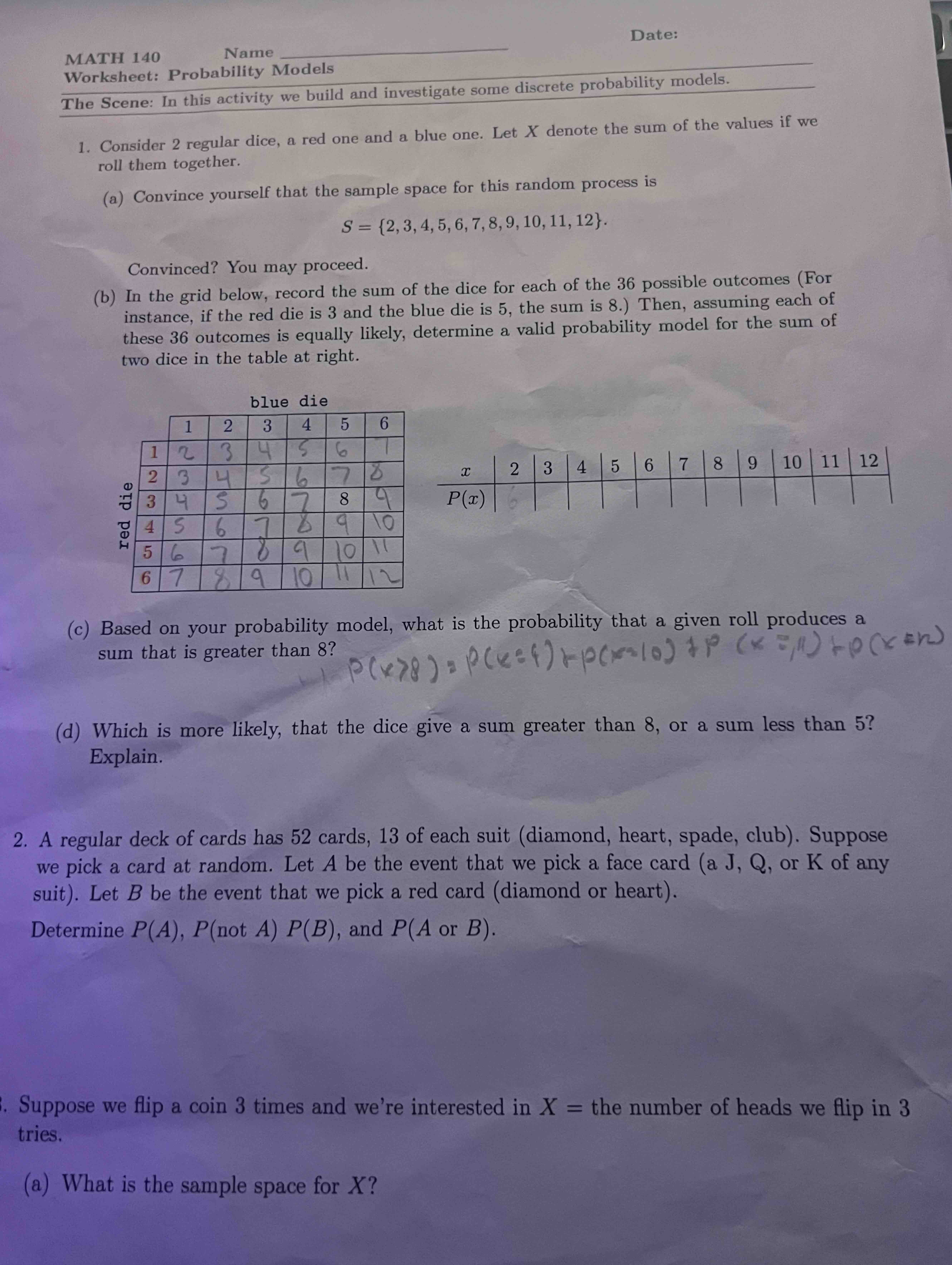 Solved MATH 140Worksheet: Probability ModelsThe Scene: In | Chegg.com