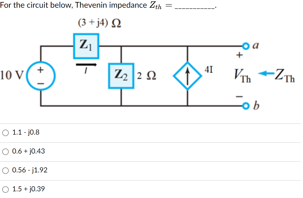 Solved the circuit below, Thevenin impedance Zth= (3+i4) O | Chegg.com