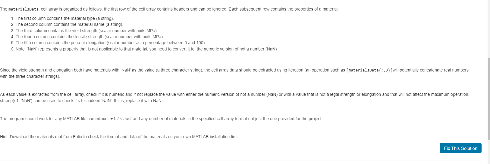 Solved 2. Change the NaN in the materialsData cell array Chegg