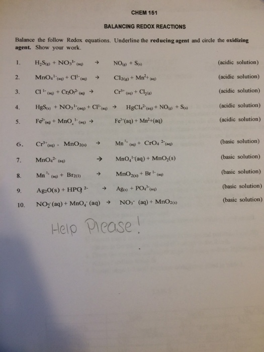 Solved CHEM 151 BALANCING REDOX REACTIONS Balance the follow | Chegg.com