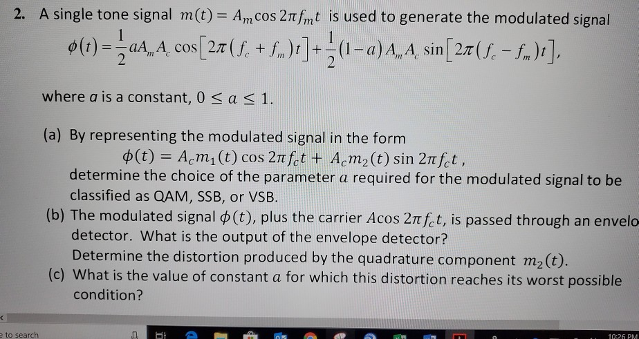 Solved 2. A single tone signal m(t) = Amcos 21 fmt is used | Chegg.com