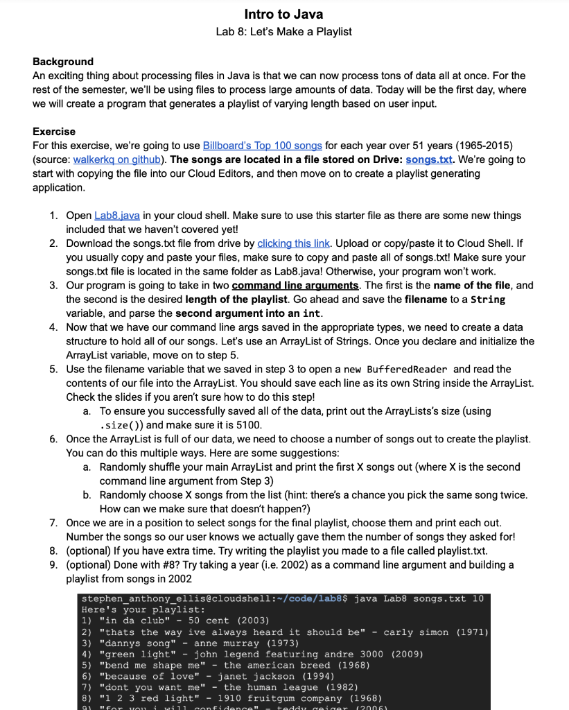 Intro to java lab 8 songs: | Chegg.com