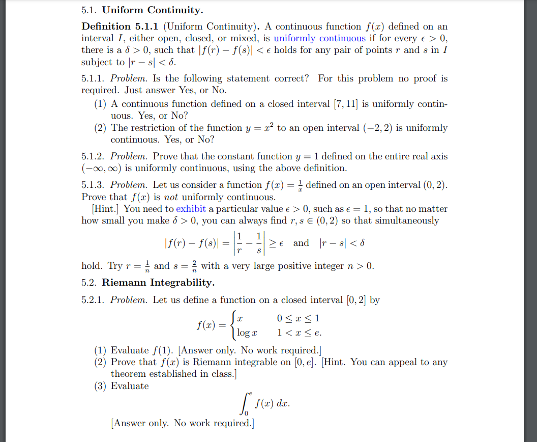 Solved 5.1. Uniform Continuity. Definition 5.1.1 (Uniform