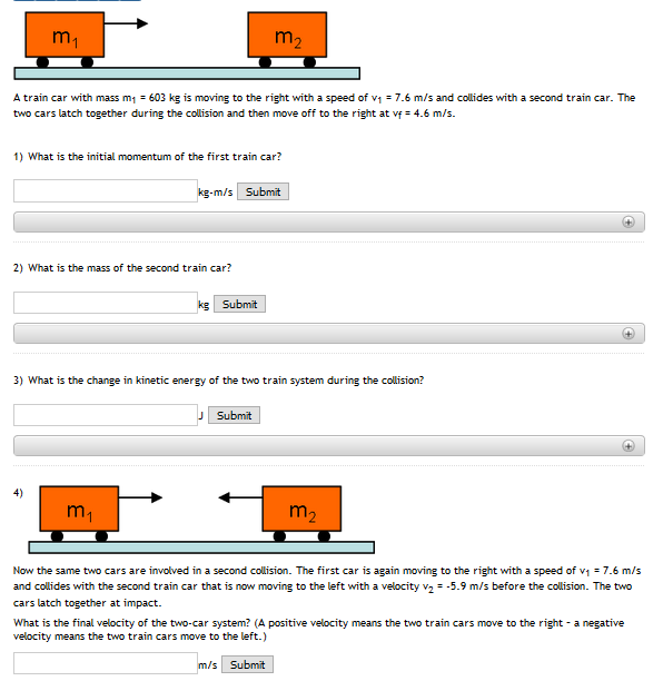 Solved m1 m2 A train car with mass m1 603 kg is moving to