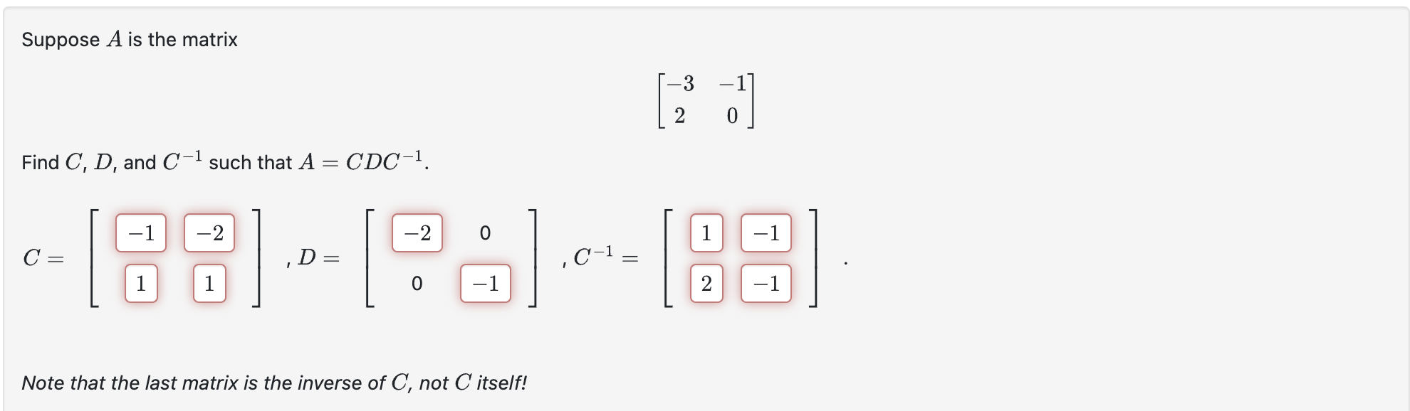 Solved Suppose A is ﻿the matrix[-3-120]Find C,D, ﻿and C-1 | Chegg.com