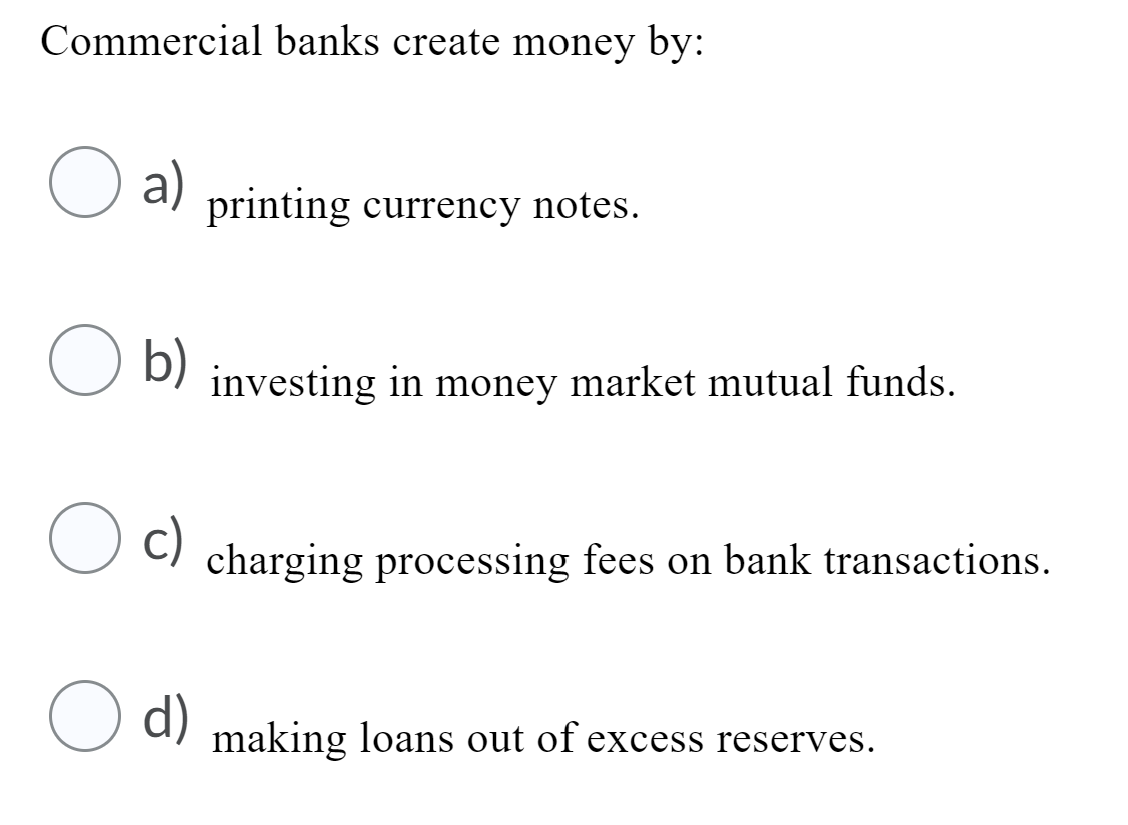 Solved Commercial banks create money by a) printing