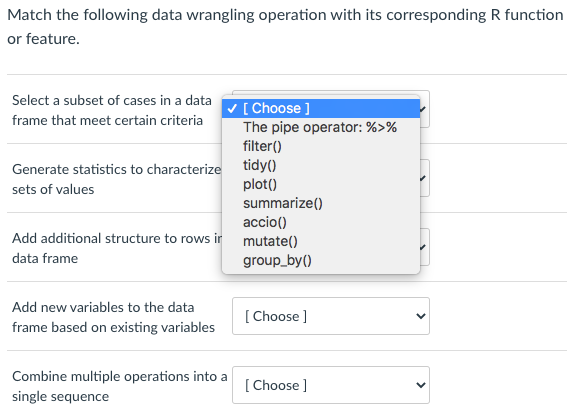 Solved Match the following data wrangling operation with its | Chegg.com